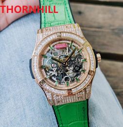 mens automatic mechanical movement watches Hollow Skeleton Color Diamonds 5 ATM waterproof Genuine Italy Black Green Leather Wristwatch