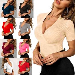 Women's T-Shirt 2022 spring and summer new V-neck sexy slim fit knitted solid color short sleeve T-shirt women wear Open thoracic unlined upper garment