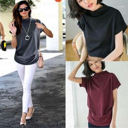 Summer Women Turtle Neck Solid Tops 2022 Casual Fashion Short Sleeve Loose Shirt Plus Size S-3XL Women's Blouses & Shirts
