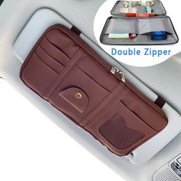 Car Organizer Sun Visor Storage Holder Styling Clip Sunglasses Card Ticket Double Zipper Bag Pouch