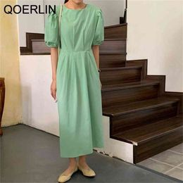 French Gentle Solid Colour O Neck Loose Puff Sleeve Dress Short Lace Up Vestidos Mujer Stylish Chic Midi Dresses 210601