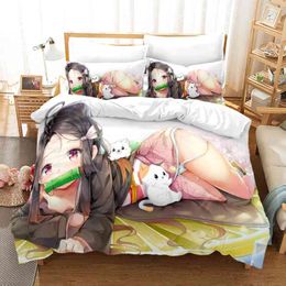 Nezuko Kamado Bedding Set Anime Demon Slayer Duvet Cover Comforter Bed Linen Single Twin Full Queen Size 3d Kids Girl Boys Gift