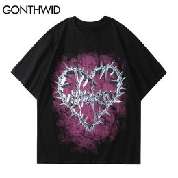 GONTHWID Oversized Tees Shirts Hip Hop Chain Heart Print Punk Rock Gothic Tshirts Streetwear Fashion Harajuku Casual Cotton Tops 220401