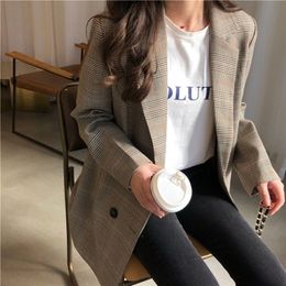 Office Ladies Notched Collar Plaid Women Blazer Double Breasted Autumn Jacket Casual Pockets Female Suits Coat 220811