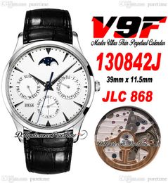 V9F Master Ultra Thin Perpetual Calendar A868 Automatic Mens Watch 130842J Steel Case White Dial Moon Phase Leather Strap Watches Super Edition Puretime C3
