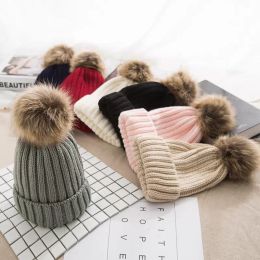 7 Colors Winter Women girls Knitted Hat Warm Pom big Fur ball Wool Ladies Skull Beanie Solid crocet Female Outdoor Caps