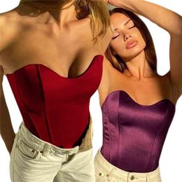 Yuqung Strapless Slim Tube Crop Tops for Women Sexy Satin Sleeveless Backless Club Party Wrap Mini Camis Tees Vest Camisole 210401