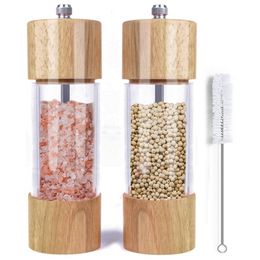 Wooden Salt and Pepper Grinder Set Manual Salt and Pepper Mills with Acrylic Visible Window and Cleaning Brush 2 Pack 220527