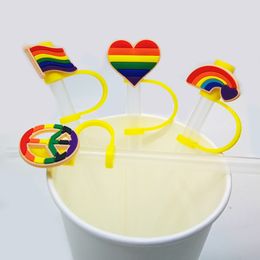 Custom Rainbow Flag silicone straw toppers accessories cover charms Reusable Splash Proof drinking dust plug decorative 8mm straw party supplies