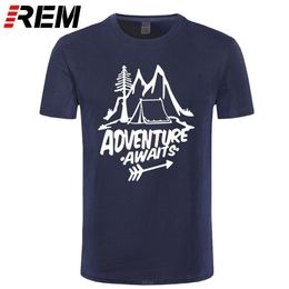 REM Adventure Awaits Letter T-shirt Travel, Pine Tree, Mountains, Tent Printing Top Quality Pure Cotton Unisex 220401