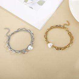 Link Chain Fashion Women Men Silver Color Gold Bracelets Steel White Blue Bead JewelryLink