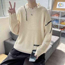 Men Sweaters Irregular Hole Designs Harajuku Fashion Couples Long Sleeve Sweaters Round Neck High Street Sweaters Male Autumn L220730