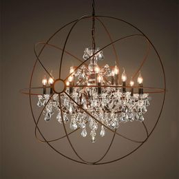crystal orbs UK - Foucault's Orb Clear K9 Crystal Chandelier Rustic Iron Globe Suspension Handing Lamp New Loft Industrial For Living Room PA01302w