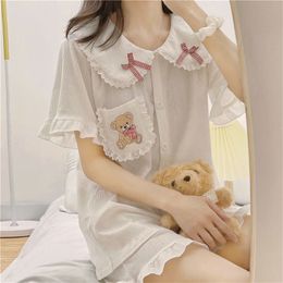 QWEEK Japanese Style Lace Doll Collar Pocket Bear Embroidery Ruffle Kawaii Pyjamas Pamas for Women Two Piece Set Summer Pijama 220329