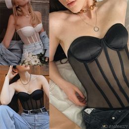 Women Sexy Sheer Mesh Patchwork Bustier Corset Vintage Strapless Lace-Up Back Overbust Waist Cincher Body Shaper Top Wholesales 220316