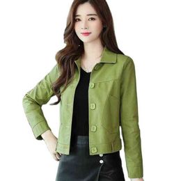 Short Green Leather Jacket Women's Casual Loose Single Breasted Faux Leather Coat Sping Autumn Big Pocket Motorcycle Outwear Q52 L220728
