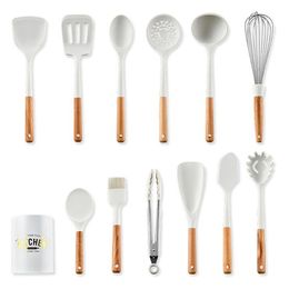 Silicone Cooking Utensils Set with Holder Non Stick Sturdy Wooden Handle Heat Resistance Spatula Spoon Kitchen Gadgets