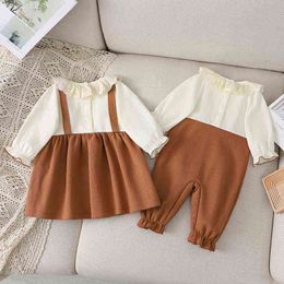 Spring Family Matching Sister Clothes Long Sleeves Bow Patchwork Romper+Coffee Princess Dress Twins Cute Outfits E9165