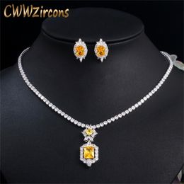CWWZircons Shiny Yellow Cubic Zirconia Stone Round Tennis Necklace and Earrings Set for Women Party Dress Jewelry Accessory T443 201222