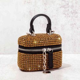 Evening Bags Shoulder Wedding Handbag Designer Mini Gold Rhinestone Box 2023 New Luxury Fashion Cute Chain Lipstick Shiny Diamonds 220331