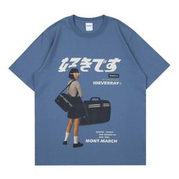 Men's T-Shirts Kpop Blue Retro Girl Poster Print T Shirt Men Short Sleeve Oversize Japanes Kanji Tshirts Women Vintage Graphic Tees Streetwe
