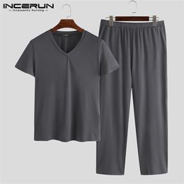 INCERUN Summer Men Pyjamas Sets Solid V Neck Short Sleeve Tops & Pants Homewear Breathable Casual Soft Male Sleepwear Sets S-5XL T200813