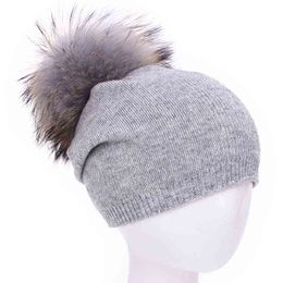 Winter Warm Baby Hats Hat Real Fur Pom Children Hats Wool Knitted Cute Cap For Girls Boys Casual Solid Colour J220722