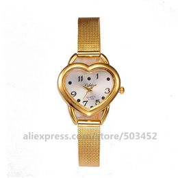Wristwatches 100pcs/lot Sells Women Wristwatch Casual Heart Dial Ladies Watches Gold Colour Bracelet Watch Relogios FemininosWristwatches