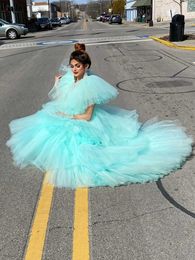 Luxury Puffy Tulle Prom Dresses V Neck Fluffy Sleeves Layered Custom Made Women Formal Tulle Gowns Evening