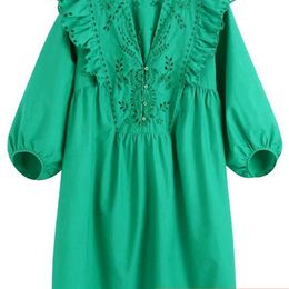 Tangada Women Green Embroidery Ruffled Poplin Mini Dress Vintage V neck Puff Sleeves Buttons Female Loose Dresses BE407 220426