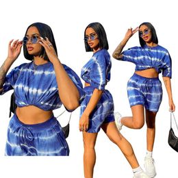 Women's Tracksuits Blue O Neck Short Sleeve Crop Top And 2 Pieces Set Sexy Tight Club Party Lady Fashion TracksuitsWomen's