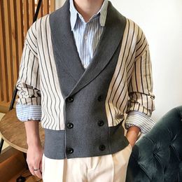 Business Casual Long Sleeve V-Neck Coat Men Fashion Striped Patchwork Knit Cardigan Mens Temperament Slim Double Breasted Jacket