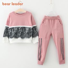 Clothing Sets Bear Leader Girls Spring Active Clothes Lace Children Cartoon Print Sweatshirts Pants Suit 3-7YClothing