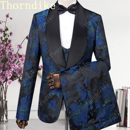 Thorndike Navy Blue Jacquard High Quality Perfect Wedding s Italian Design Custom Made Men Suit Blazer 220705