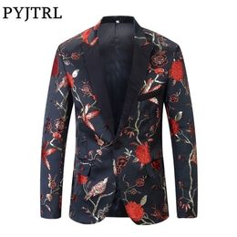 PYJTRL Red Gold Blue Green Brocade Embroidery Floral Birds Pattern Slim Fit Blazer Designs Men Suit Jacket Stage Singer Wear 201104