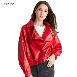 FTLZZ Women Faux Leather Jacket Batwing Sleeve Coat Retro Short Zipper Motor PU Red Jacket Autumn Street Leather Coat 220815