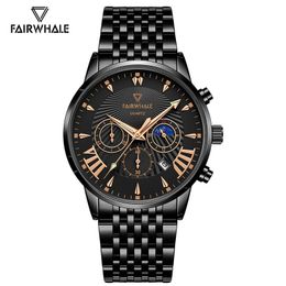 Wristwatches MARK FAIRWHALE Stylish Sport Mens Watch Multifunction Cool Quartz Watches Luxury Moon Phase Solid Stainless Steel Strap Calenda