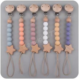 baby Pacifier Clips Newborn Beech Star Silicone beads Pacifiers Holders Teethers Infant Feeding Teether Wood Clip Anti-drop chain