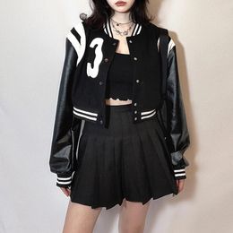 Women's Jackets Long Sleeve Short Baseball Uniform Women Streetwear Splicing Leather Jacket Set Casacos De Moda Feminino 2022 Biker JacketWo