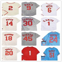 Retro Vintage STL Baseball Jersey Stan Musial Willie McGee Bob Gibson Ozzie Smith Roger Maris Ken Boyer Mike Shannon Whitey Herzog Orlando Cepeda Lou Brock Sticthed