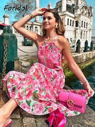 Foridol Sleevelss Halter Maxi Summer Dress for Women Sexy Backless Beach Pink Boho Robe Femme 2022 Lace Up Sundress Floral Dress Y220401