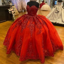 Sparkly Red Quinceanera Dresses With Sequin Ball Gown 2022 Prom Dress Lace Up Tierd Back Sweet 15 Dress Vestido Debutante XV Vestidos De 15 Anos Robe Bal Medieval