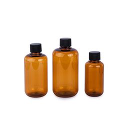 Empty Packing Clear Plastic Brown Bottle Round Shoulder PET Black Screw Lid With Inner Plug Portable Refillable Cosmetic Packaging Container 100ml 200ml 300ml