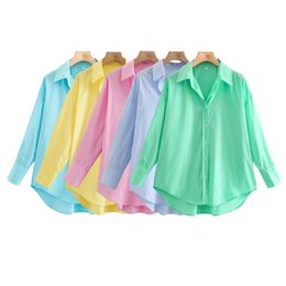 TRAF Women Fashion Loose Asymmetry Poplin Blouses Vintage Long Sleeve Buttonup Female Shirts Blusas Chic Tops 220615