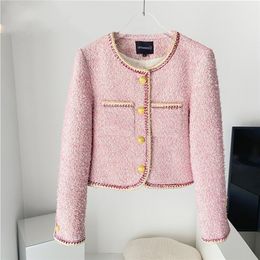 French Luxury Tweed Woolen pink coat womens with ONeck for Women - Small Fragrance, Sweet and Chic Outwear (220817)