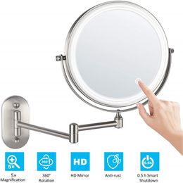Folding Arm Extend Bathroom Makeup Mirror With Touch LED Light 8 Inch Wall Mounted Double Side Compact Mirrors Espejo De Maquillaje Para Bano Con Luz LED Tactil