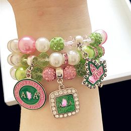 Beaded Strands Hand Made Greek Letter Sorority Pink Greenh And White Pearl Detal Charm Bracelet Jewellery Women's Fashion Accessor Fawn22