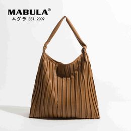 HBP Shopping Bag Mabula Pure Brown Large Square Pleated Hobo Shoulder Bag for Women Ruffle Design Tote Shopper Handbag Simple Stylish Work Purse 220723