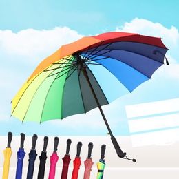 Long Straight Handle Umbrella 16K Strong Windproof Solid Colour Pongee Umbrellas Rainbow Men Women Sunny Rainy Bumbershoot SN4982