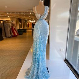 Unique Sky Blue Prom Dresses Beaded Crystals Mermaid Evening Gown Peplum Sexy Beading Abendkleider vestidos de soiree